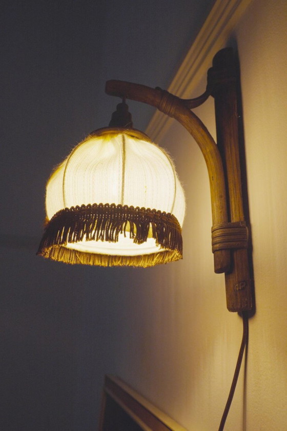 Dutch Vintage Bamboo Wall Sconce with Brown Fringed Fabric Shade – Wall lights, Textile (photo 10 of 10)