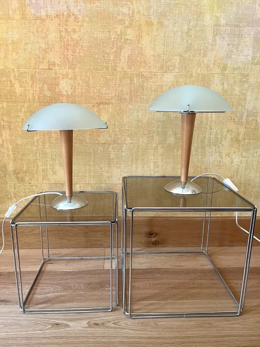 Par de lámparas de mesa Kvintol de Ikea – diseño escandinavo en forma de seta – cristal, madera y cromo