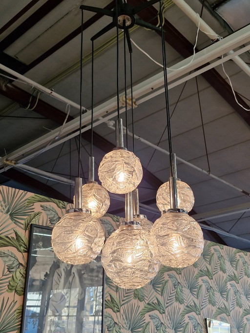Vintage chandelier 70s chrome with 7 glass balls
