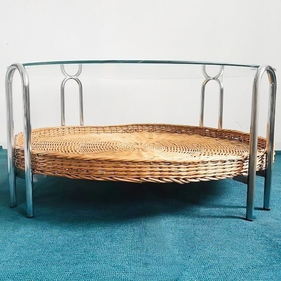 Image 1 of Vintage mid-century retro design salontafel rotan chroom glas riet 1970's