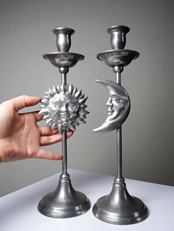 Image 1 of Pair of vintage mid-century silver-plated pewter Sun & Moon handcrafted candlesticks