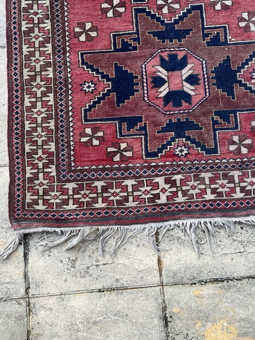 Tapis Lesghi vintage laine fait main – motifs géométriques étoile – Iran/Turquie 70s - 108 x 200cm