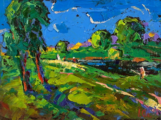 Image 1 of Original Oil Painting Summer Field Landscape Sky through green branches