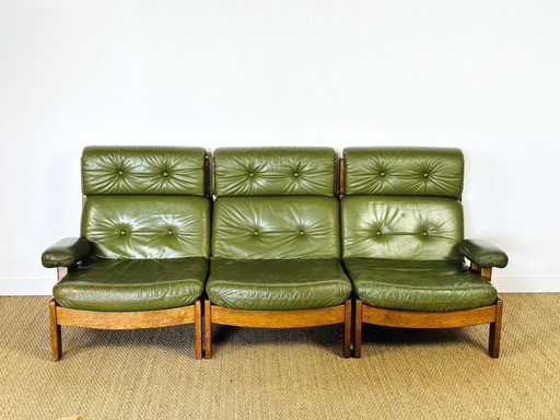 Canapé scandinave en cuir vert et chêne, 1960, Set de 3