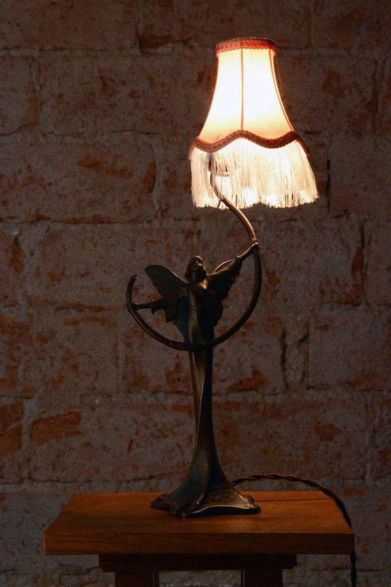 Lampada da tavolo Art Nouveau originale, ottone, paralume in tessuto, Austria, anni '10, Lampade da tavolo (foto 11 di 12)