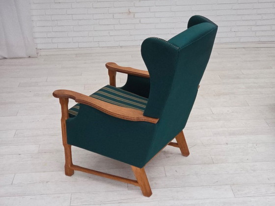 Image 1 of 1970s, Danish high back armchair, furniture wool, solid oak wood.