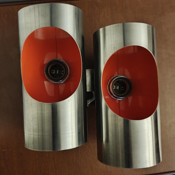 Vintage OXAR Space Age Dubbele Wandlamp – Inox & Oranje – Jaren 70 – Wandlampen, Chrome (photo 9 of 14)