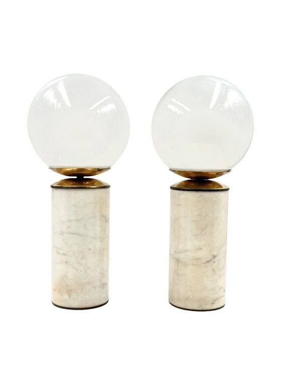 Image 1 of Hollywood regency set of 2 Carrara marble & brass table lamps, Lucirhytmo Italy 1970s
