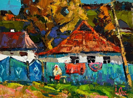 Peinture à l'huile originale : paysage rural, vie à la campagne, réunions dans la cour