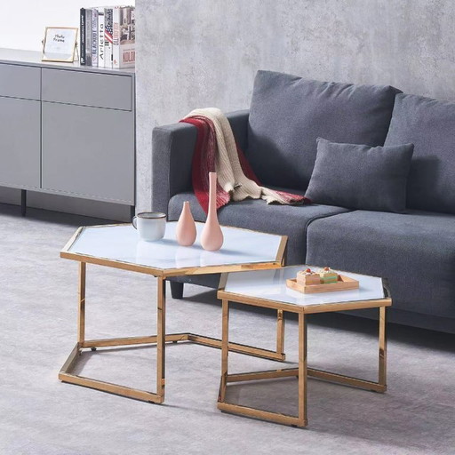 HEXAGONAL NESTING COFFEE TABLE GOLD IN WHITE MARBLE