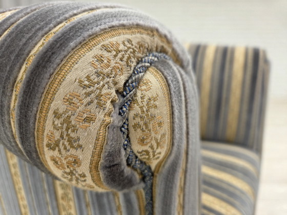 Image 1 of 1960s Danish Lounge Chair, Blue/Beige Furniture Velour, Beech Wood Legs