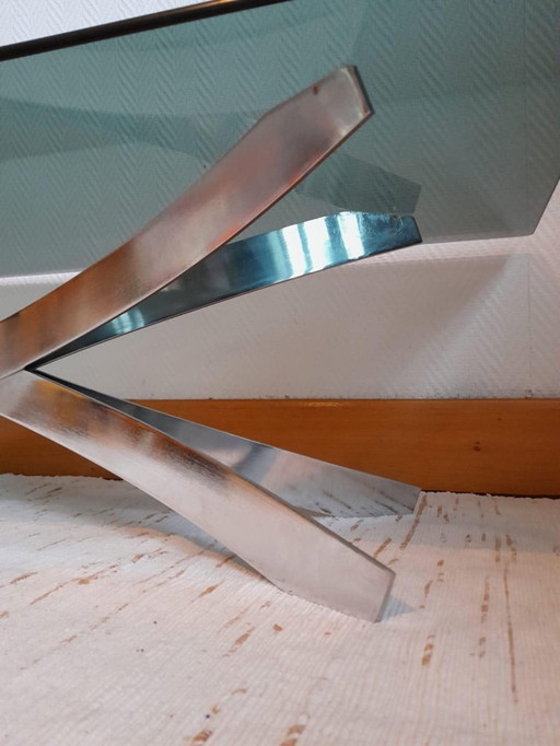 Mesa de centro Space Age en acero y cristal ahumado