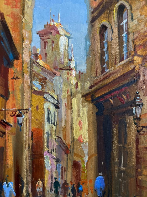 Image 1 of Original Oil Painting Day City Landscape Walking along the street of the city