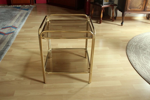 Hollywood Regency Beistelltisch Messing mit 2 Rauchglasplatten - Vintage