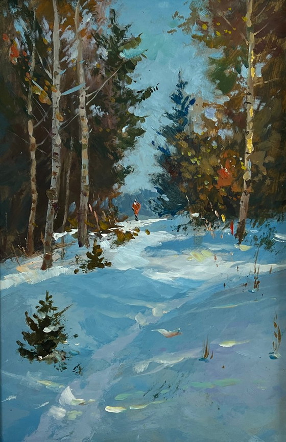 Image 1 of Original Oil Painting Winter Forest Landscape Rest in the winter forest