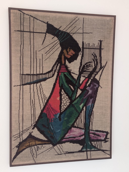 Vintage embroidered wall hanging “The Harp Player” 1970s – 1980s x 57 cm – schilderijen tekeningen, Wood (photo 2 of 5)