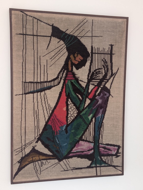 Vintage embroidered wall hanging “The Harp Player” 1970s – 1980s x 57 cm – Paintings & Drawings, Wood (photo 2 of 5)