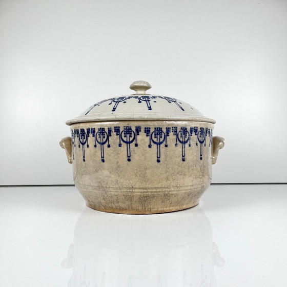 Antica bouillotte / cocotte in gres di Saint Uze, decoro blu, inizio XX secolo – Stoviglie, Ceramica (photo 2 of 14)