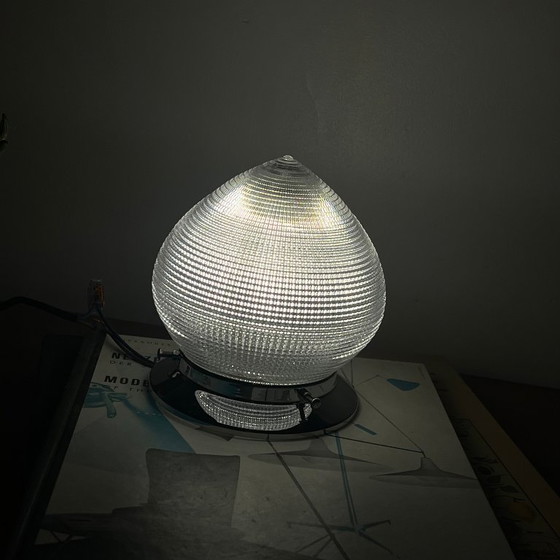 Small round Holophane prismatic glass wall or ceiling light with stainless steel base, Table lamps, Chrome (photo 7 of 9)