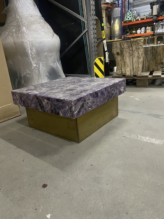 Image 1 of Side table amethyst in epoxy , on brass block. Unique & bold