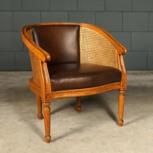 Sillón vintage de ratán y cuero marrón, años 80