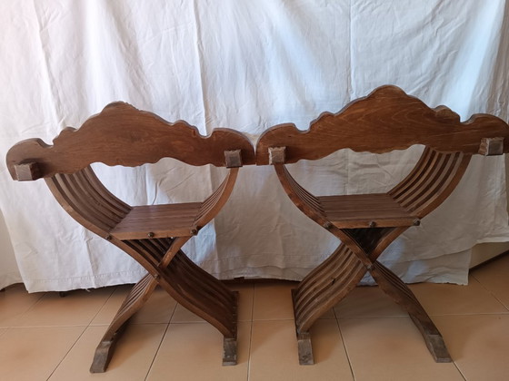 Pair of Savonarola chairs 50s (Italy), Folding chairs, Wood, Brown, Barok (photo 11 of 15)