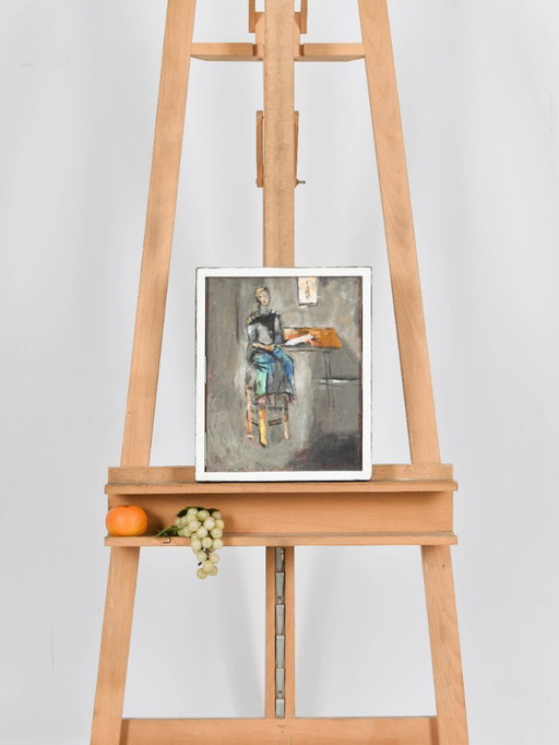 Helen Nieuwendijk (1946) - Woman on stool - Acrylic on marouflé - 33 x 27 cm