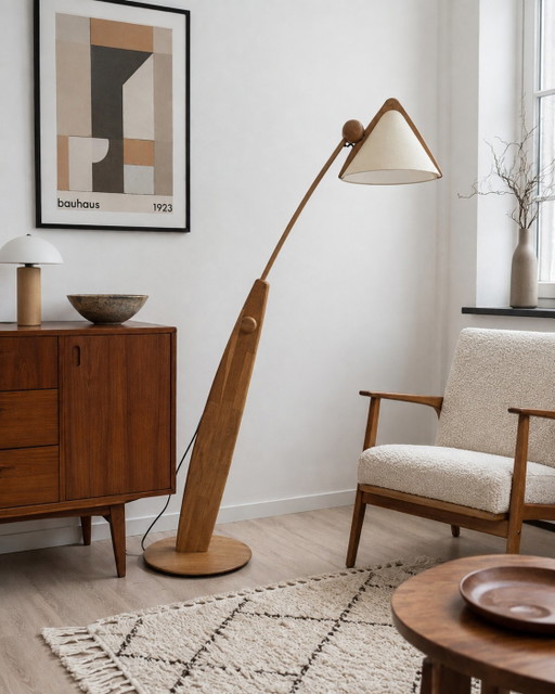 DOMUS 6703 – Zeldzame verstelbare eikenhouten vloerlamp | Vintage Duits design – vloerlampen, Paper, Wood