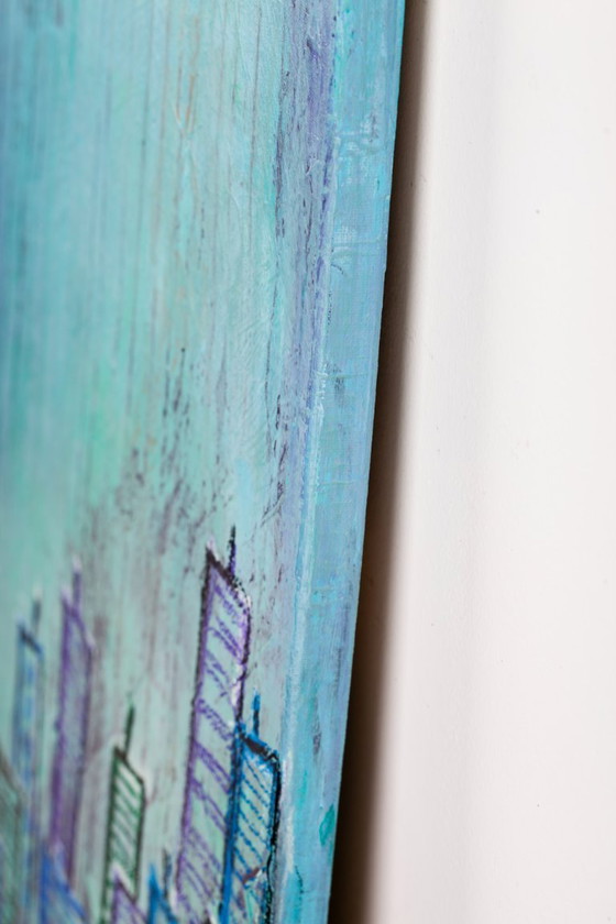 Image 1 of Contemporary paintig in teal, purple and green shades, acrylic on canvas