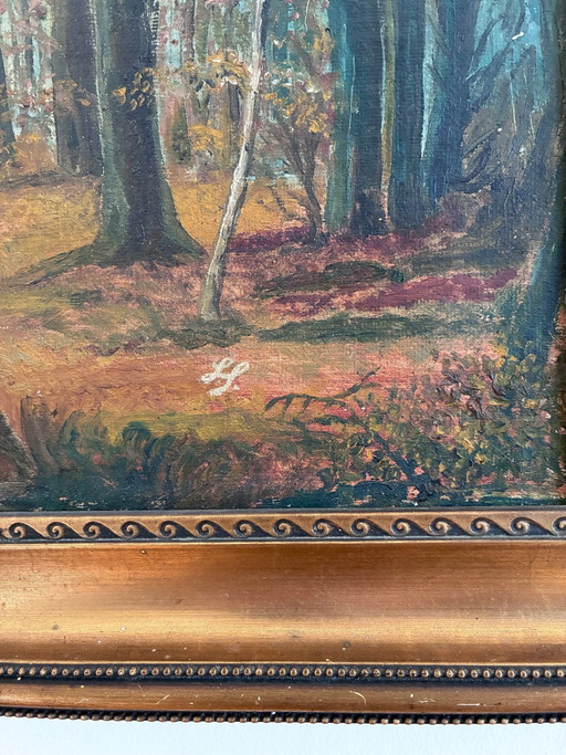 Peinture à l'huile originale ancienne représentant un paysage forestier, vers 1910
