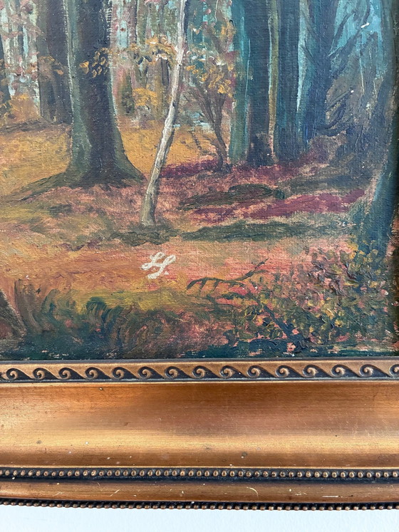 Image 1 of Peinture à l'huile originale ancienne représentant un paysage forestier, vers 1910