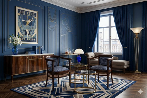 Paar Art-déco-Stühle, marineblauer Jacquard, Entwurf von Thonet aus dem Jahr 1910