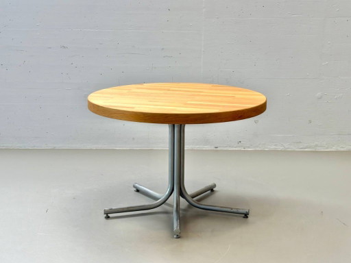 Table de salle à manger ronde en chêne et acier, années 1990