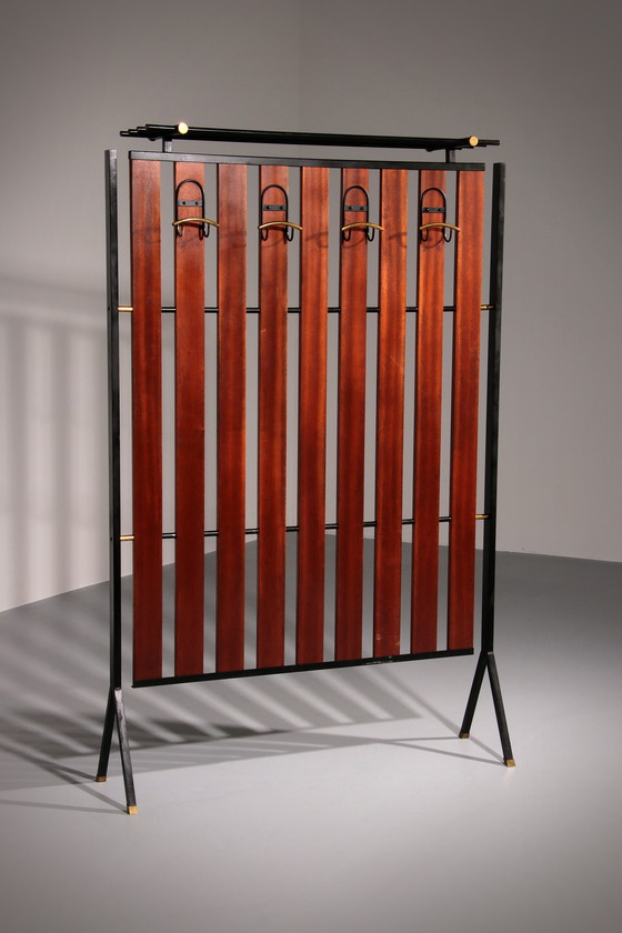 Image 1 of Italian Vintage Elegance – Brass and Teak Wall Clothes Hanger from the 1950s-1960s