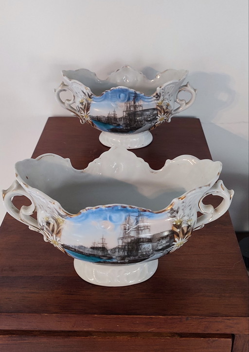 Coppia di ciotole antiche in terracotta "St-Valery-sur-Somme" 1930