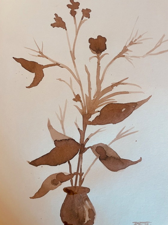 Image 1 of Painting, monochrome sepia still life "dried flowers", signed