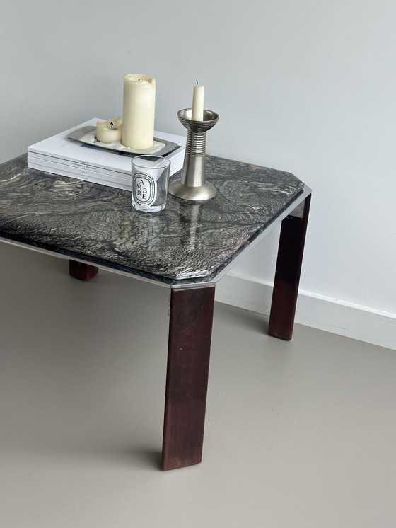 Image 1 of Table basse vintage en marbre métal chrome bois carré 70's