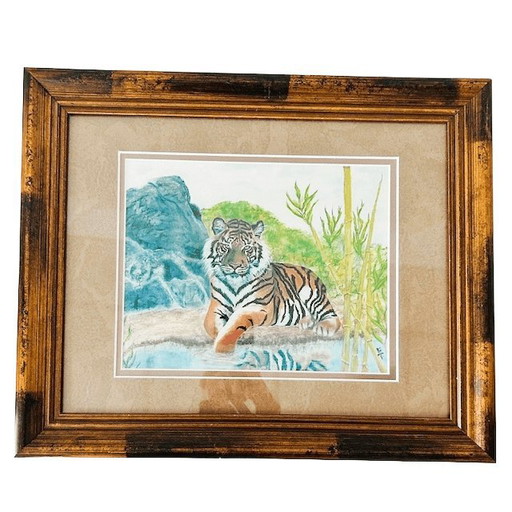 Corinne dell Aria, tableau encadré, pastel représentant un tigre, années 2000