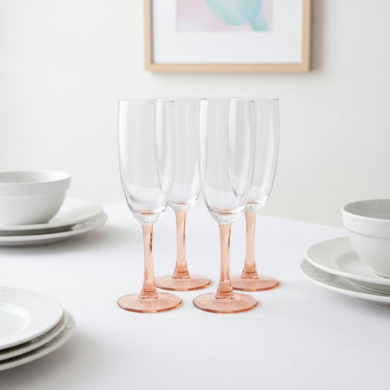 Vintage Luminarc champagneglazen (4 stuks) met pastelroze stelen. – Glazen & Karaffen, Glass (photo 3 of 6)