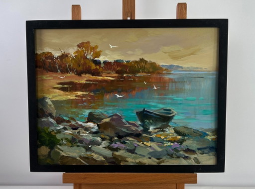 Original Oil Painting Autumn Coastal Landscape Birds fly over the river