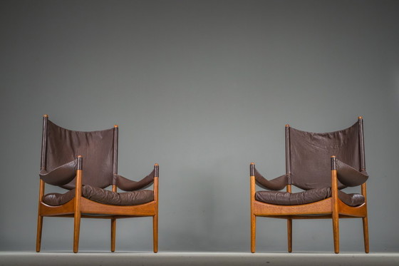 Image 1 of  Mid-Century Modern Danish Oak and Leather Lounge Chairs with Ottoman by Kristian Vedel for Søren Wiladsen, 1960s, Set of 3