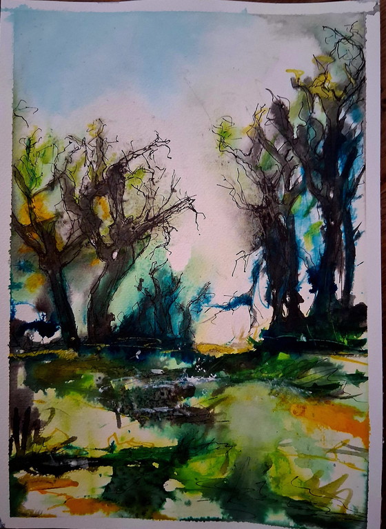 Image 1 of Old trees in the Spring,watercolor and ink on watercolor paper