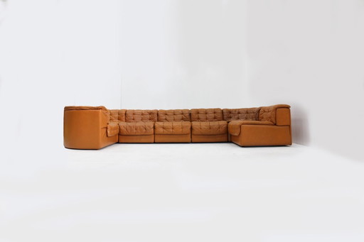 Sofá modular vintage De Sede DS 11 en cuero patchwork color coñac, juego de 7