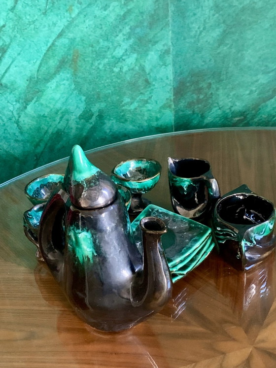 Service À Café / Thé Sculptural Vallauris Vintage — Émail Vert Émeraude Réactif & Noir Profond (Années (photo 10 of 15)