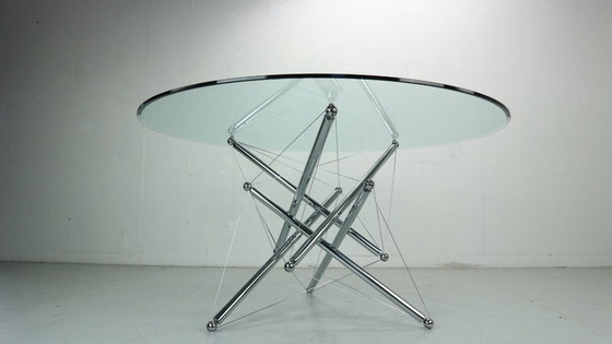 Image 1 of Tavolo da pranzo in acciaio cromato 714 Tensegrity di Theodore Waddell per Cassina, anni '80