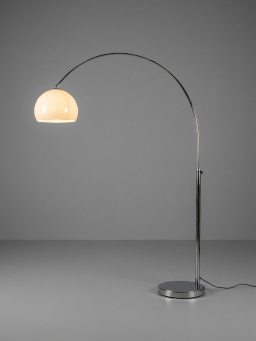 Vintage chrome arc lamp with white dome shade – 70s Space Age
