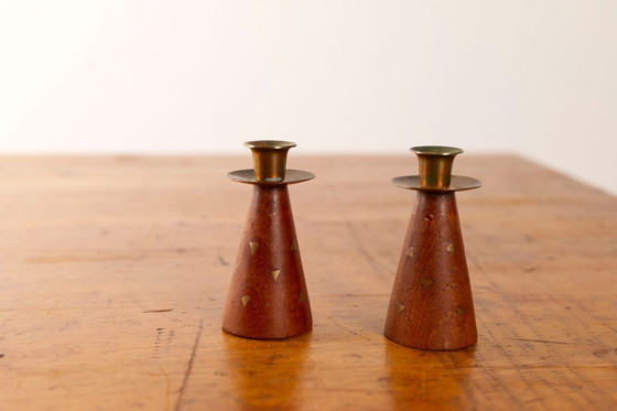 Image 1 of 2x Vintage Small teak and brass triangle inlay candle sticks