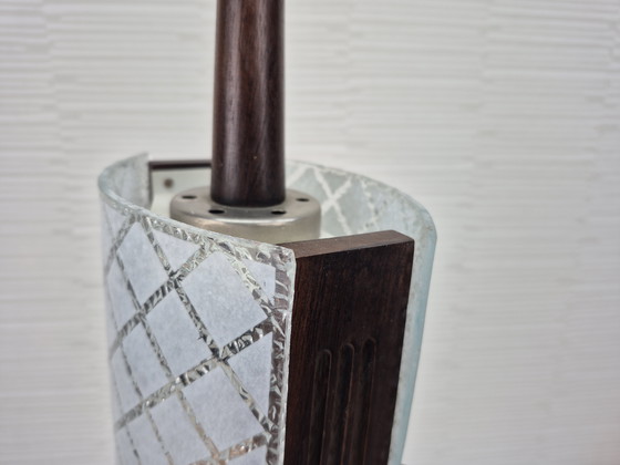 Image 1 of Mid-century pendant lamp in teak and embossed glass. Vintage lamp.