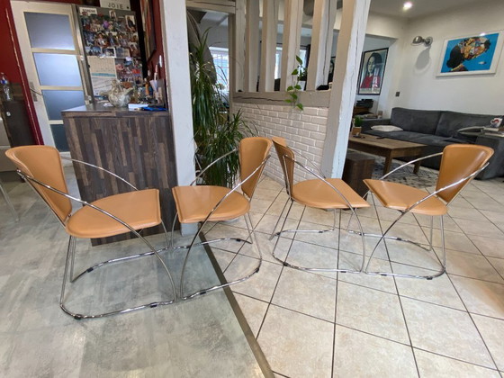 Image 1 of Set di 4 poltrone Linda di Arrben, pelle color cammello, struttura in acciaio cromato, vintage anni '80