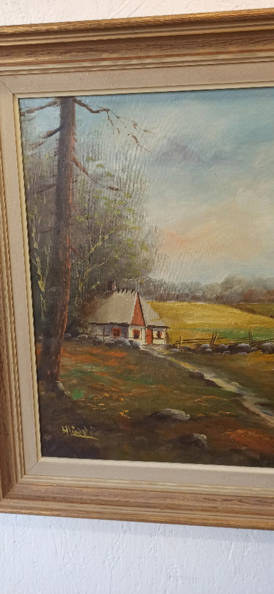 Image 1 of Painting "Cottage on the Edge of the Forest." Oil on canvas. Signed.